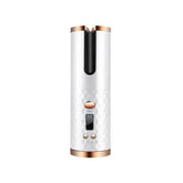 White and rose gold rechargeable cordless auto styler hair curler with diamond pattern design